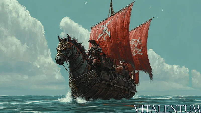 AI ART Surreal Horse-Ship on Open Waters