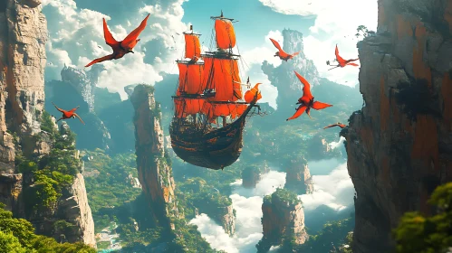 Fantasy Flying Ship with Dragons
