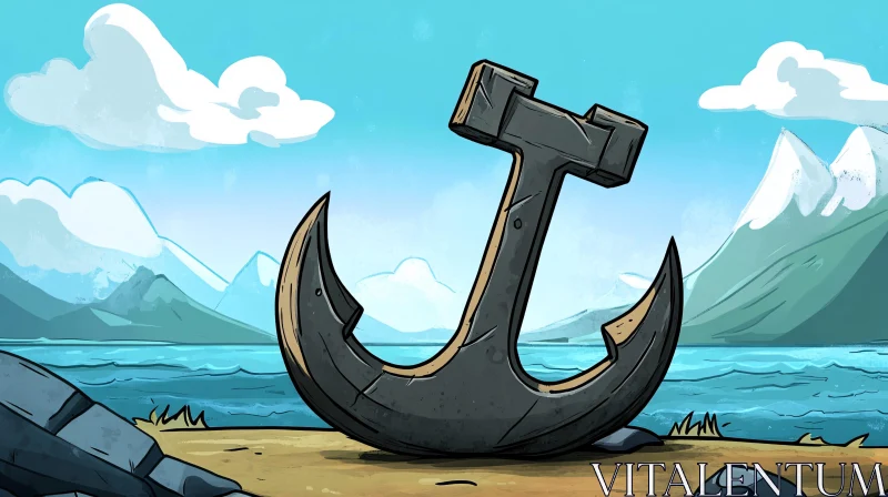 AI ART Tranquil Lakeside Scene with Prominent Anchor and Mountains