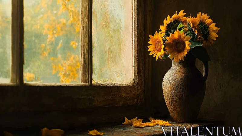 Sunflower Bouquet in Earthen Vase - Cozy Window Scene