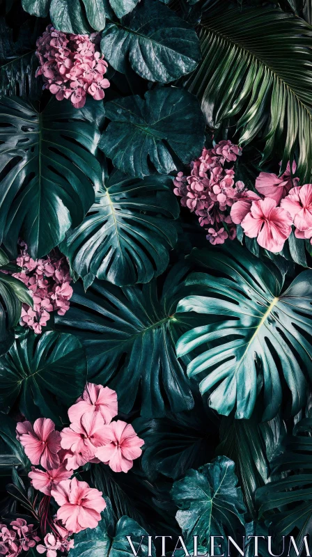 Tropical Greenery with Pink Floral Accents