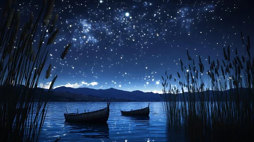 Serene Lake at Night with Boats and Star Reflection
