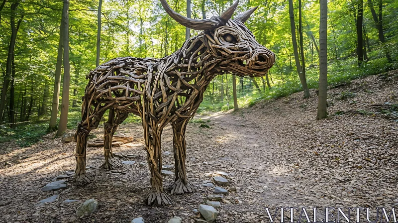 AI ART Forest Path with Wooden Animal Sculpture
