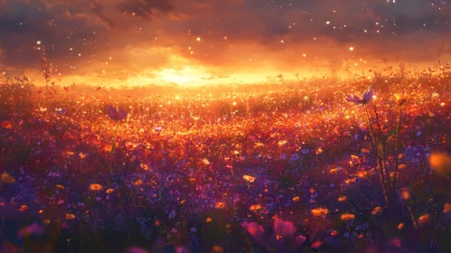 Golden Sunset and Blooming Flowers