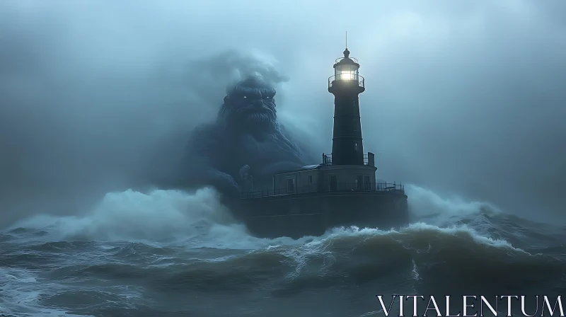 AI ART Lighthouse in Storm with Eerie Giant