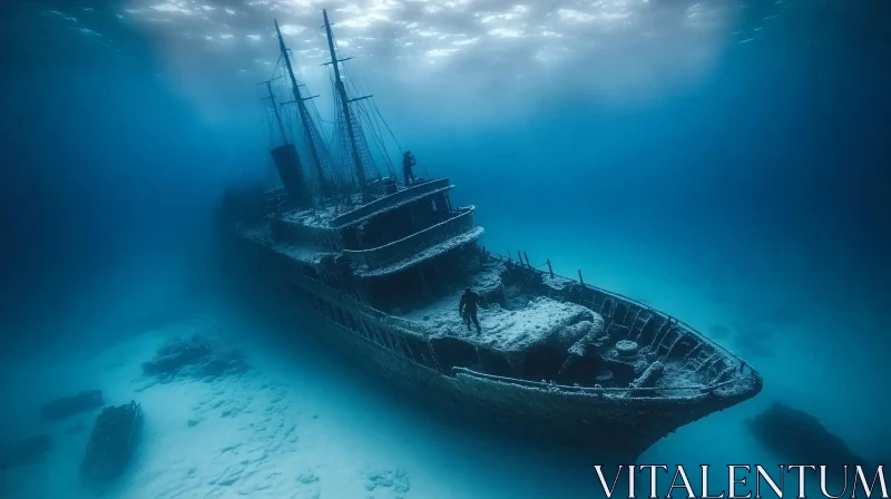 AI ART Sunlit Shipwreck on the Ocean Floor with Divers