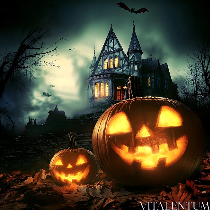 AI ART Eerie Halloween Night with Carved Pumpkins and Spooky House