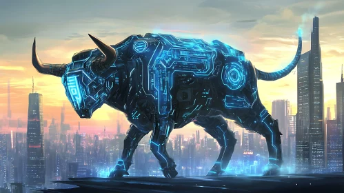 Technological Bull Overlooking Future City