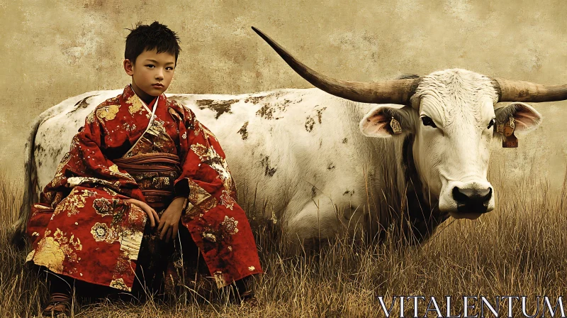 AI ART Traditional Kimono-Clad Boy and Cow in Field