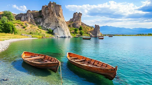 Calm Lake with Anchored Boats and Cliffside Scenery