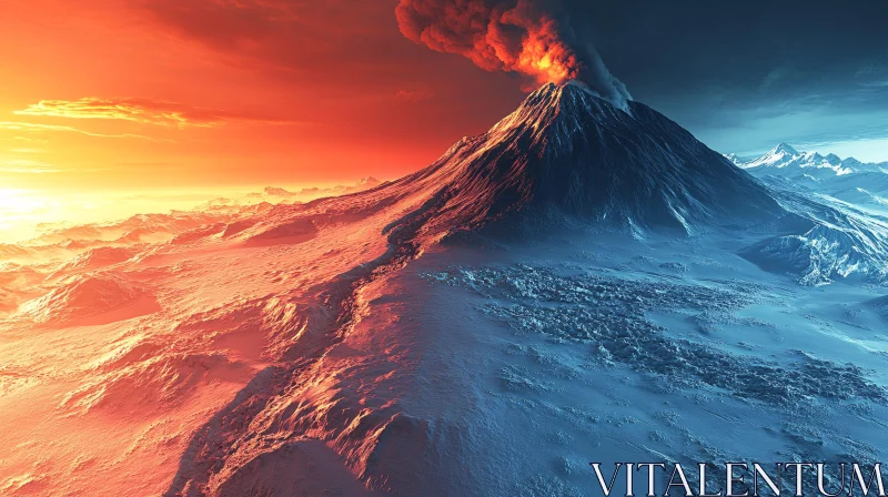 AI ART Erupting Volcano Amidst a Snow-Covered Terrain