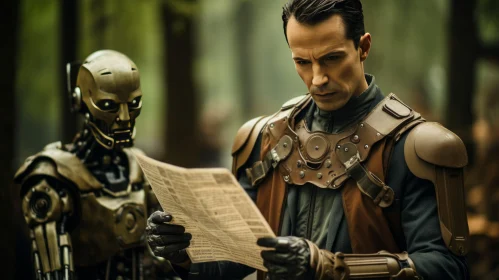 Man Reading Newspaper with Robot in Woodland Setting