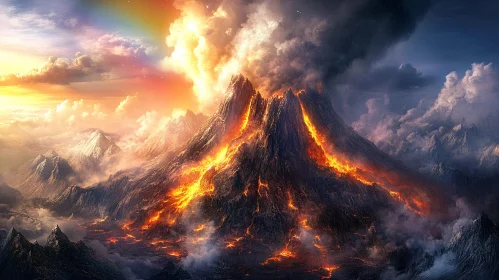 Majestic Volcano Eruption Amidst Snowy Mountains