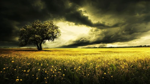 Tree Amidst Yellow Flowers under Dark Clouds