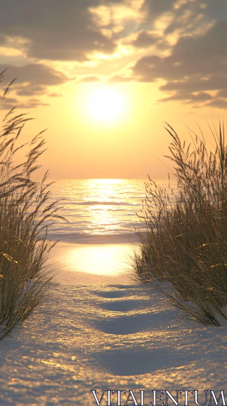 Serene Sunset on Sandy Beach with Tall Grasses AI Image