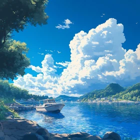 Idyllic Lakeside with Boat and Blue Sky