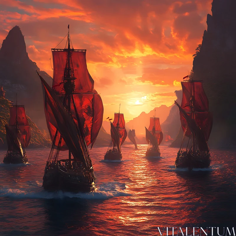 Fleet of Red-Sailed Ships During a Fiery Sunset AI Image