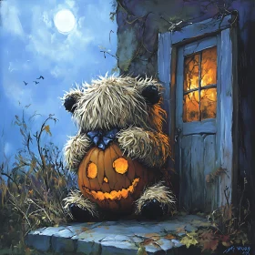 Spooky Halloween Scene with Teddy Bear and Glowing Pumpkin