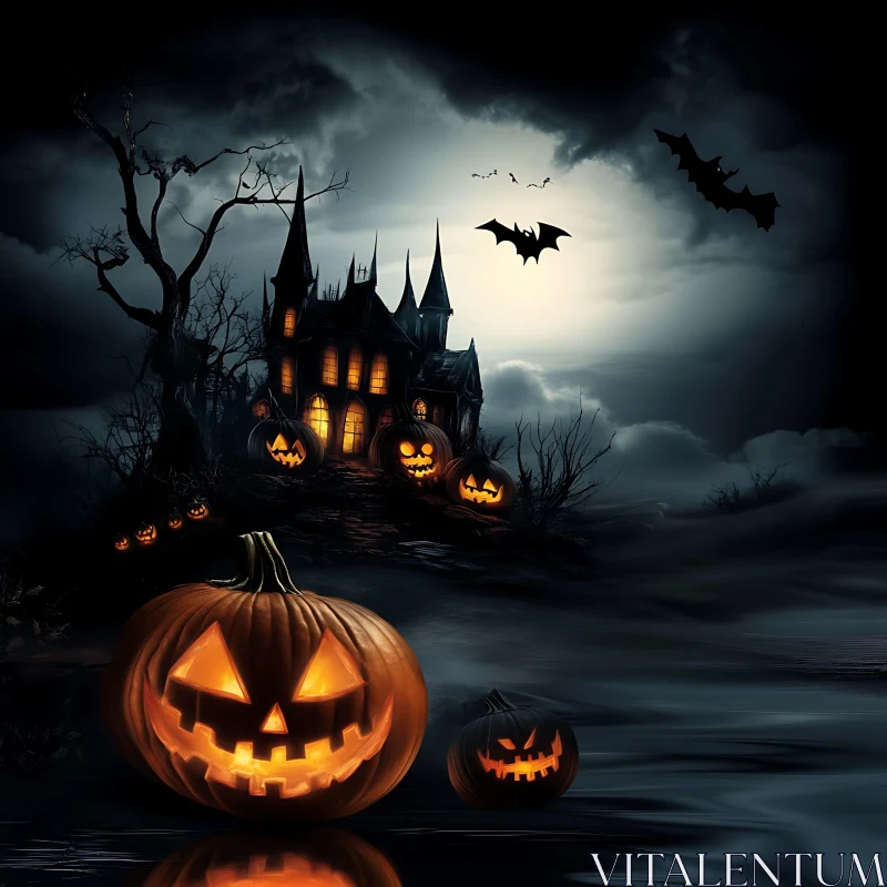 AI ART Eerie Nightmare with Jack-o'-Lanterns and Bats