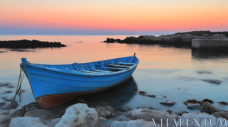 Peaceful Sunset with a Blue Boat on the Shore AI Image