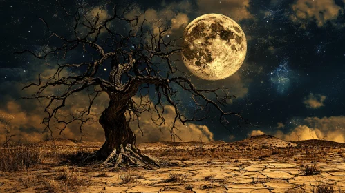 Moonlit Barren Landscape with Mysterious Tree