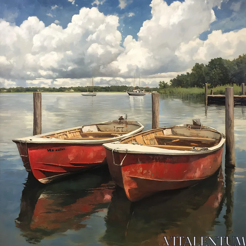 Peaceful Lake with Red Boats AI Image