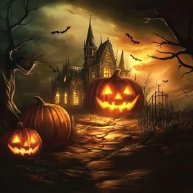 Mysterious Halloween Scene with Pumpkins and Gothic House