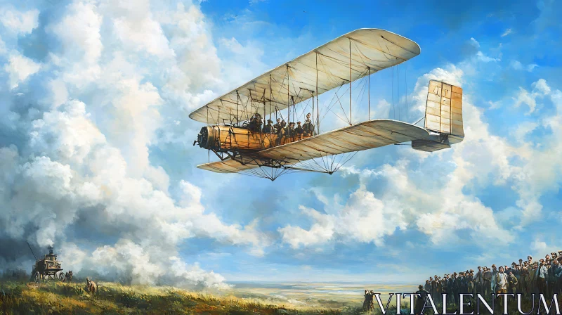 Early Biplane Flight Over Crowd AI Image