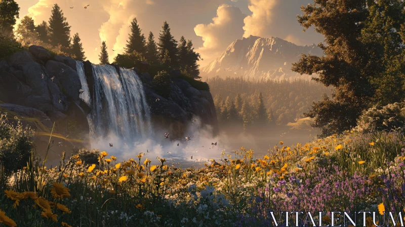 AI ART Waterfall and Wildflowers in Mountainous Landscape