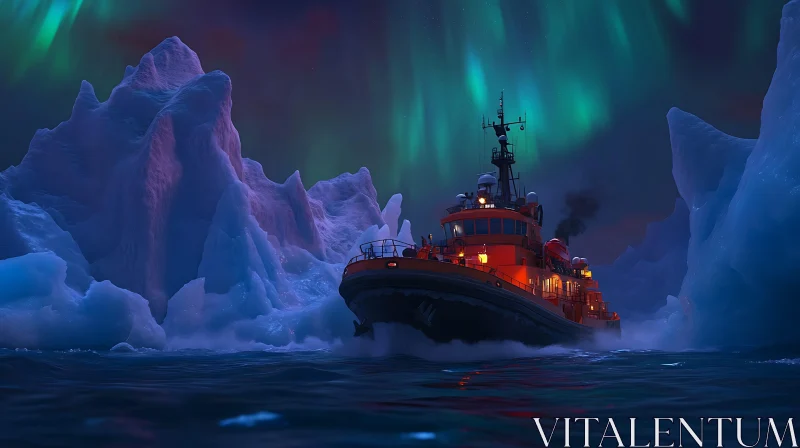 AI ART Ship's Journey Through Icebergs with Aurora Display