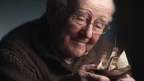 Senior Man Holding a Miniature Ship with Emotion