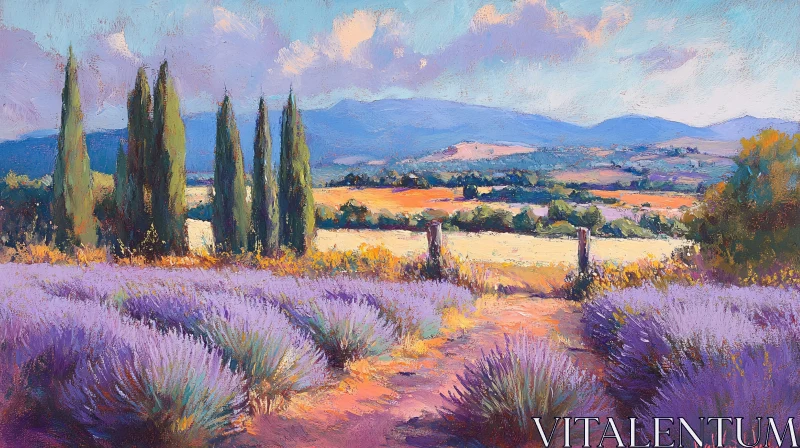 AI ART Tranquil Lavender Field with Mountains and Trees