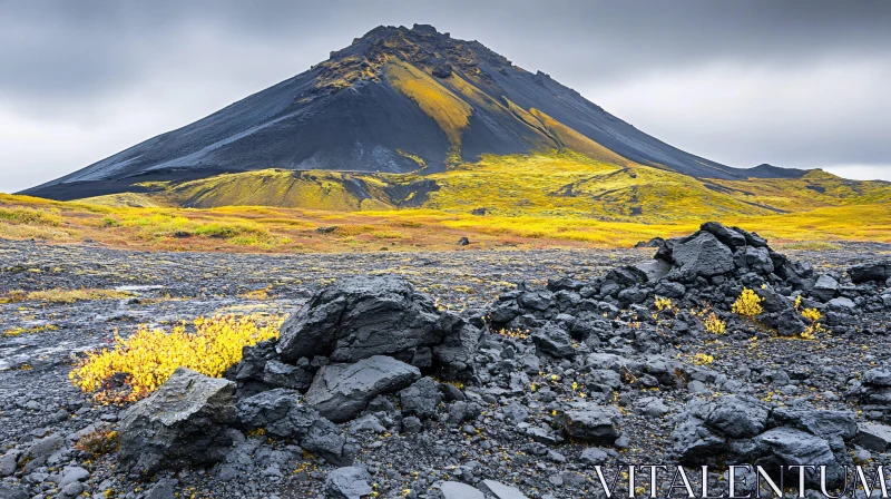 AI ART Volcanic Landscape with Vibrant Yellow Plants