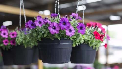 Colorful Petunias Suspended in Garden Nursery