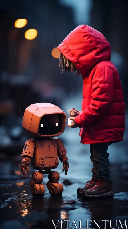 Child's Encounter with Robot on Rainy Night - Illuminated Scene AI Image