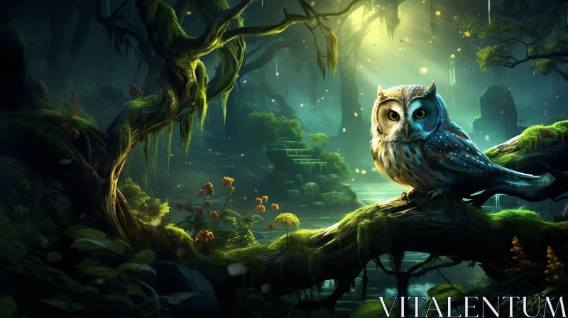 Enchanting Owl in Mystical Forest Wallpaper AI Image