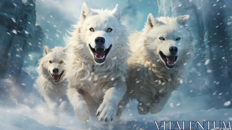 Photorealistic Illustration of Three Wolves in Snow AI Image