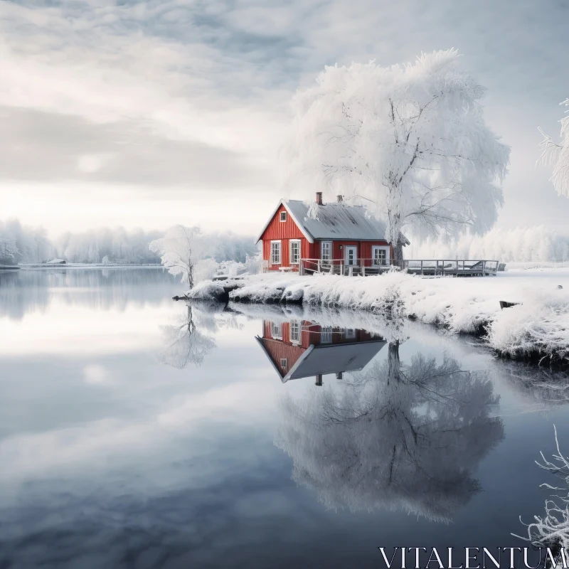 Serene Winter Lake House in Pastoral Setting AI Image