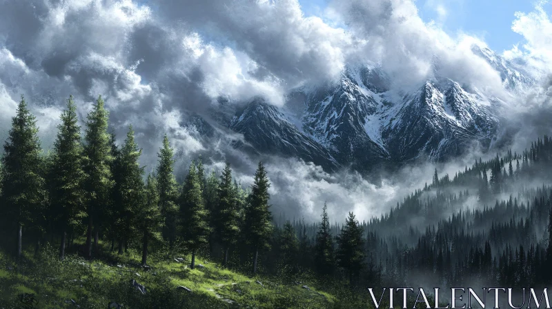 Misty Mountains and Verdant Forest AI Image