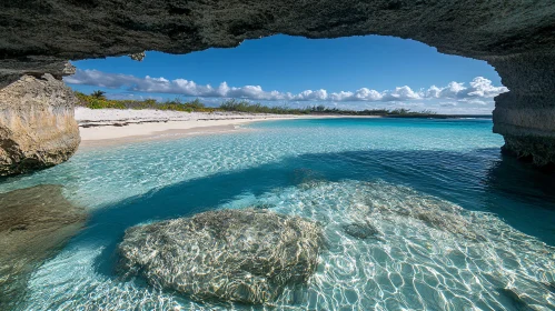 Tropical Beach Scene from Inside a Cave