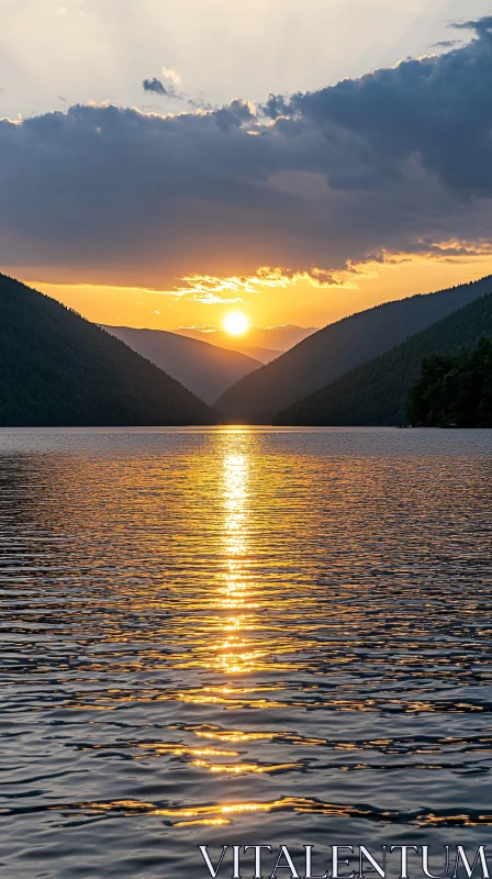 Golden Sunset Over Serene Lake and Mountains AI Image