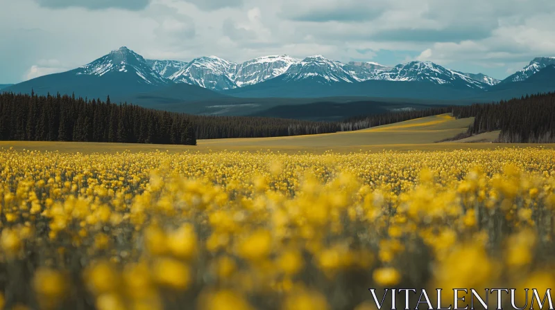 AI ART Yellow Flower Field with Snow-Capped Mountain View