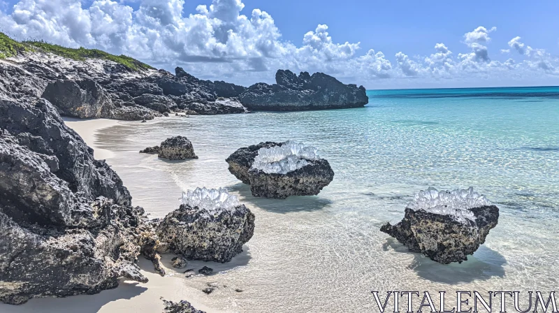 Crystal-Studded Rocks by a Tranquil Turquoise Sea AI Image