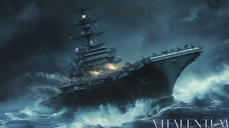 AI ART Warship in a Torrential Storm