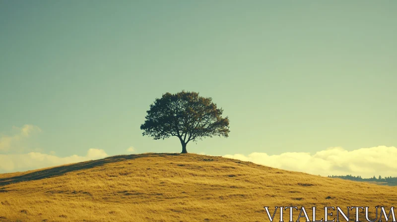 Lone Tree on a Serene Hilltop During Golden Hour AI Image