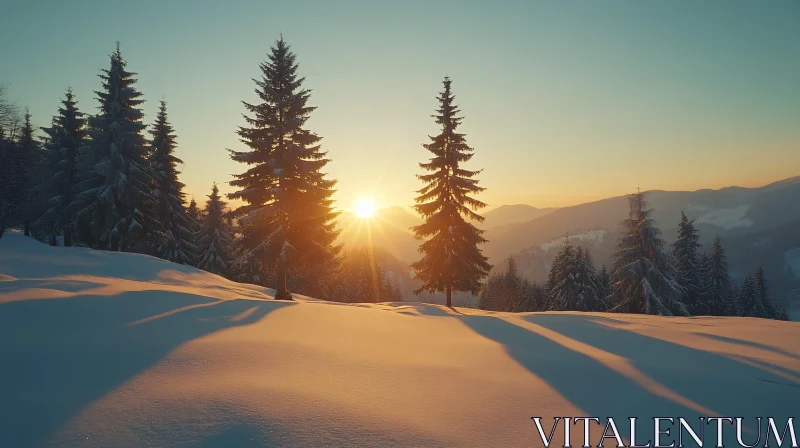 AI ART Golden Sunlight on Snow-Covered Pines