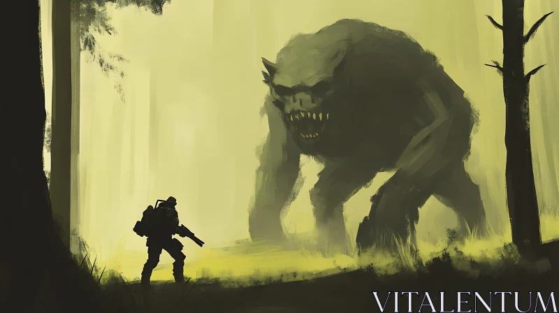 Soldier vs Monster in Misty Woods AI Image