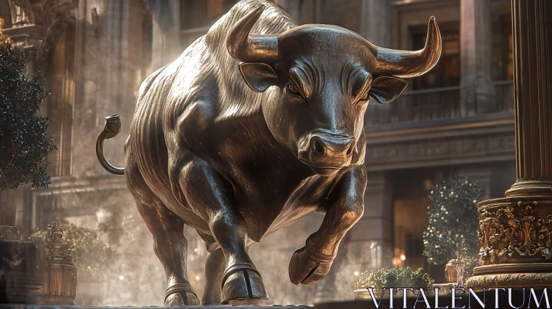 Grand Bronze Bull Sculpture in Cityscape AI Image