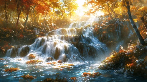 Golden Autumn Forest with Cascading Waterfall