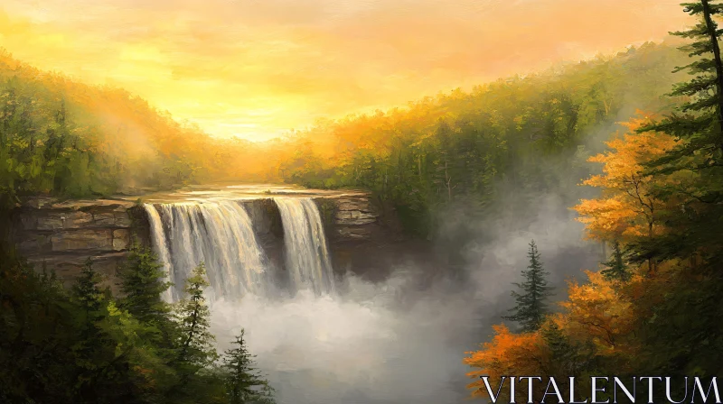 AI ART Golden-Hued Waterfall in Nature